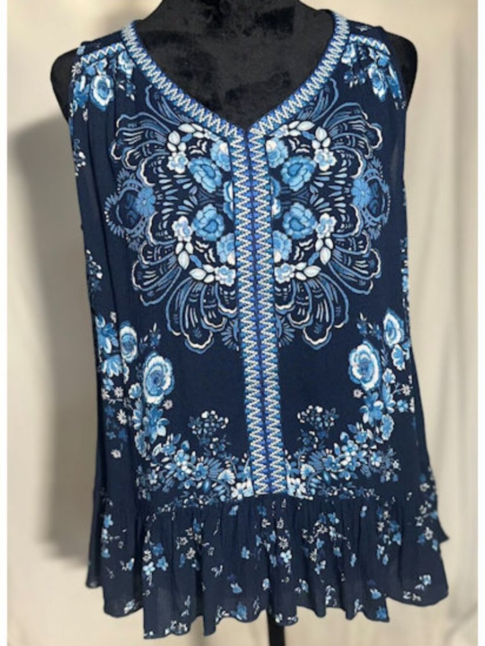 Bila Blue Flowered Tank Top, Ruffled, Small